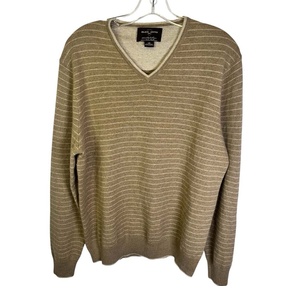 BLACK/BROWN 1826 MEN Sz L TAN2 -PLY 100% CASHMERE V-NECK SWEATER PULLOVER Stripe
